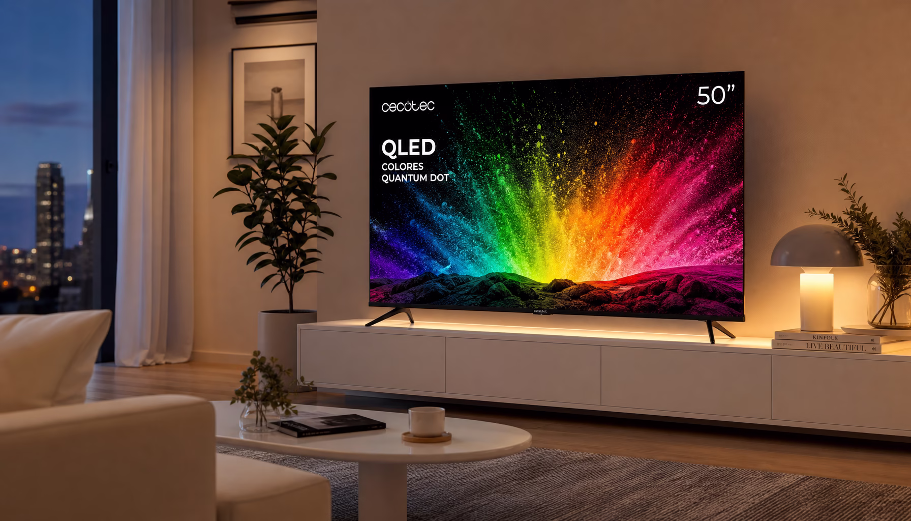 Televisor Cecotec QLED 50 pulgadas con colores vibrantes Quantum Dot en salón moderno