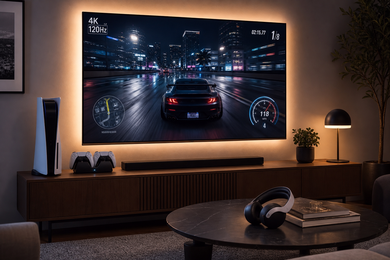 Salón con una consola, un juego de carreras en la tele y una barra de sonido debajo
