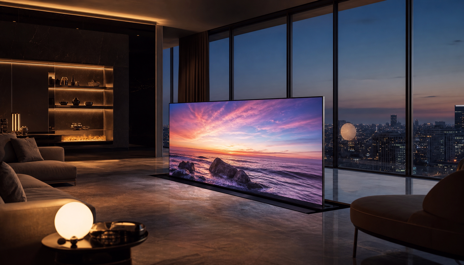 Televisor de gran formato emergiendo del suelo en un salón de lujo con vistas panorámicas a una ciudad al atardecer
