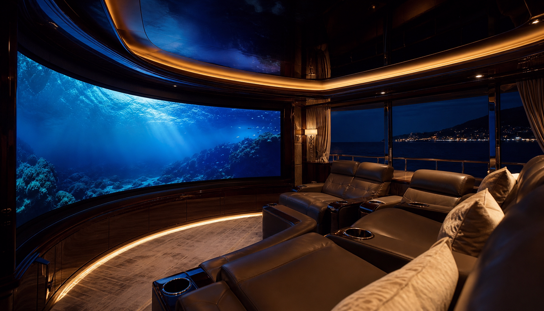 Interior de una sala de cine privada en un superyate con pantalla LED curva y asientos de cuero