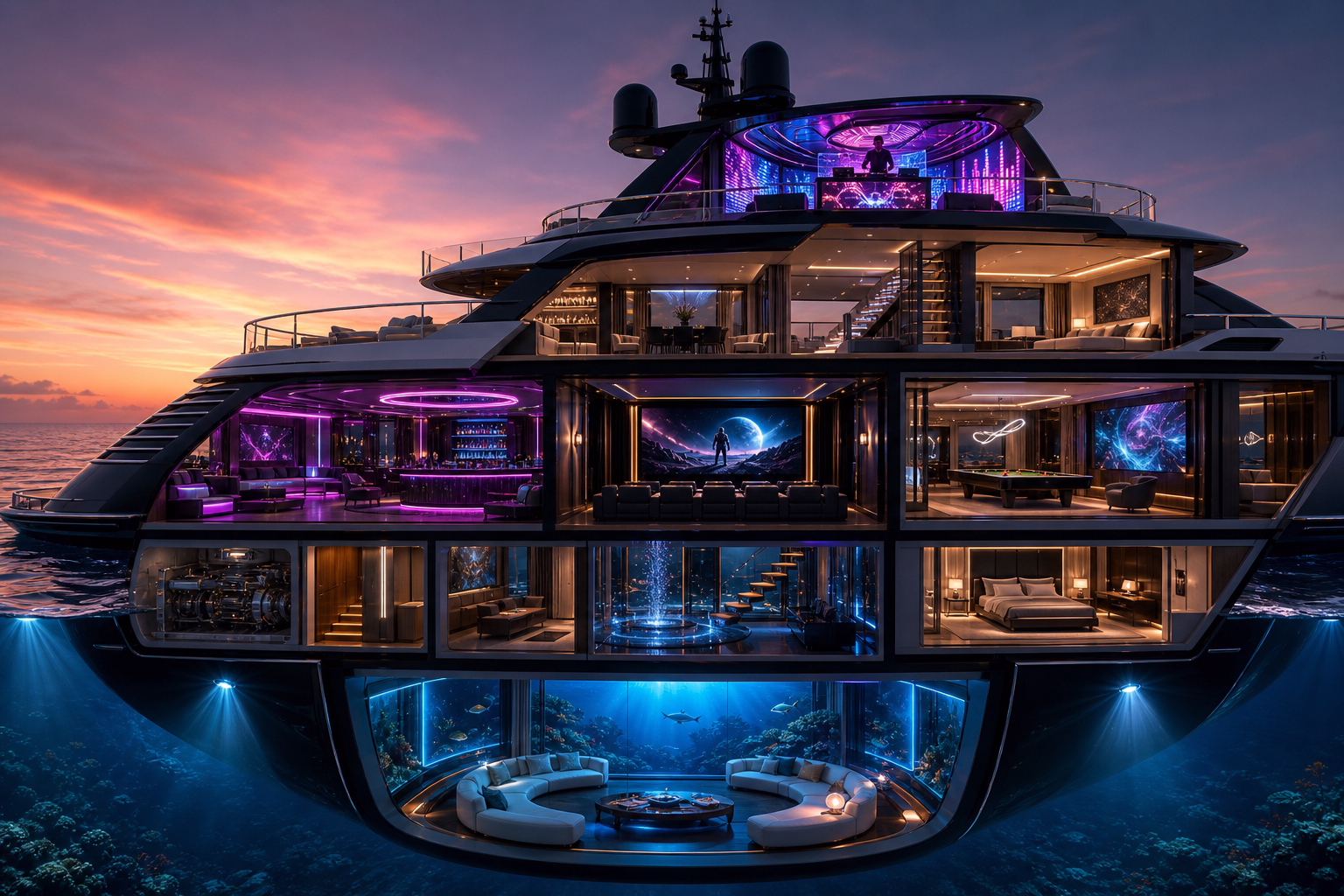 Sección transversal conceptual de un superyate mostrando zonas de entretenimiento como cine, discoteca y lounge submarino
