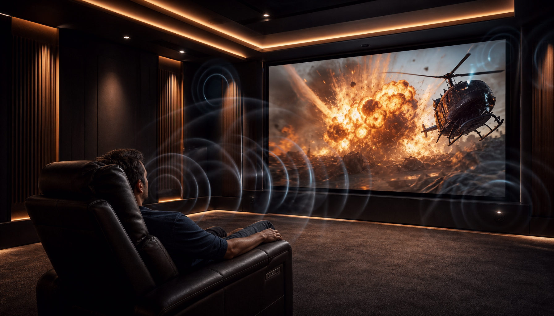 Sala de home cinema de lujo con altavoces invisibles integrados en paredes y techo, iluminación ambiental tenue y pantalla grande mostrando una escena cinematográfica