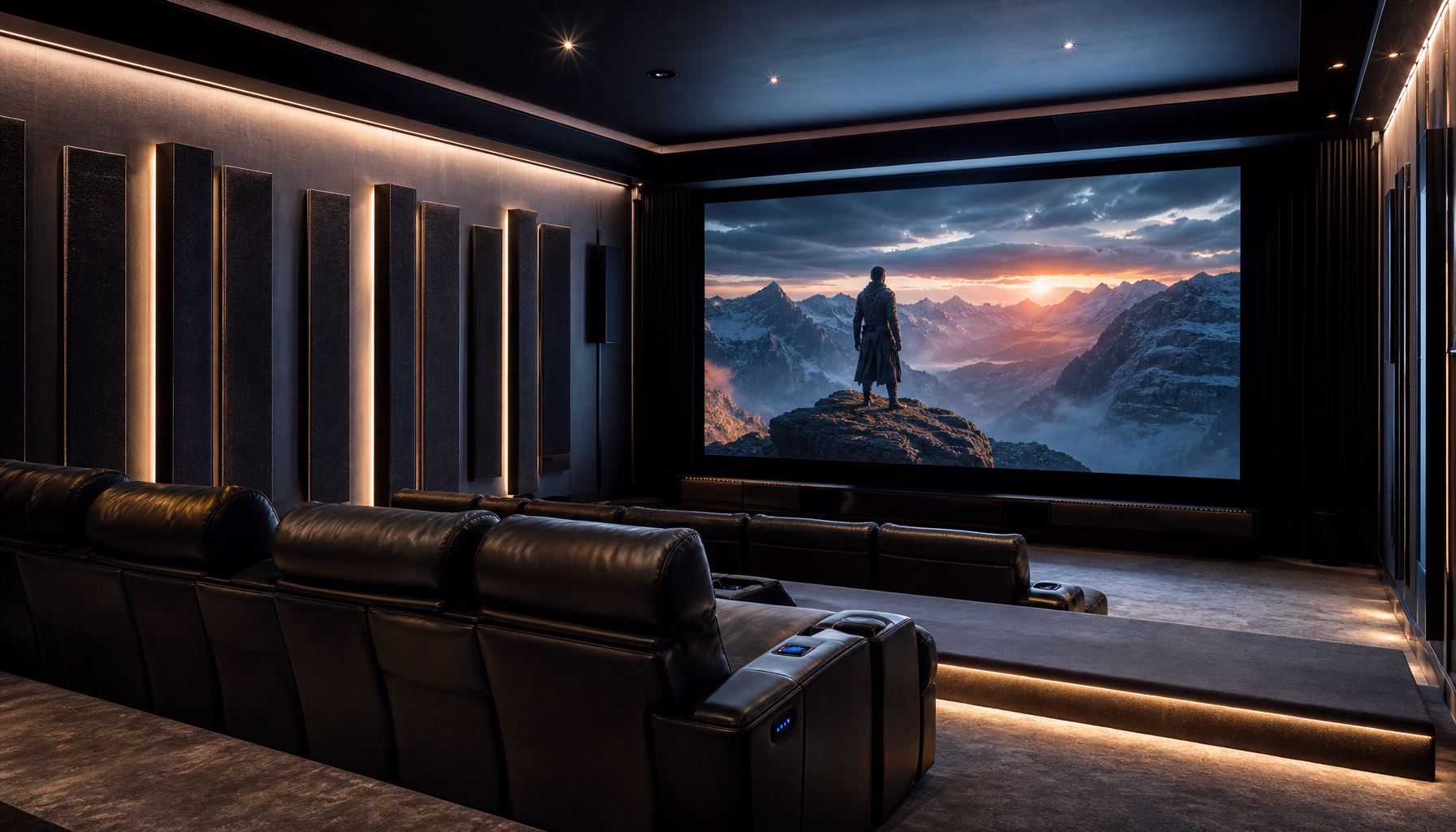 Sala de cine privado de lujo con una enorme pantalla MicroLED mostrando una escena cinematográfica vibrante