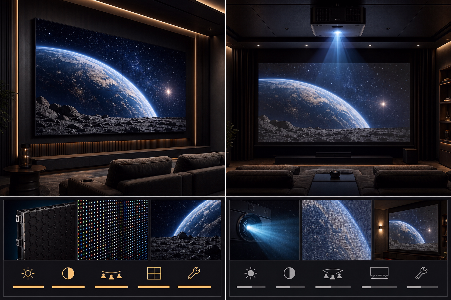 Comparación conceptual entre un panel MicroLED modular y un proyector láser en un entorno de cine privado