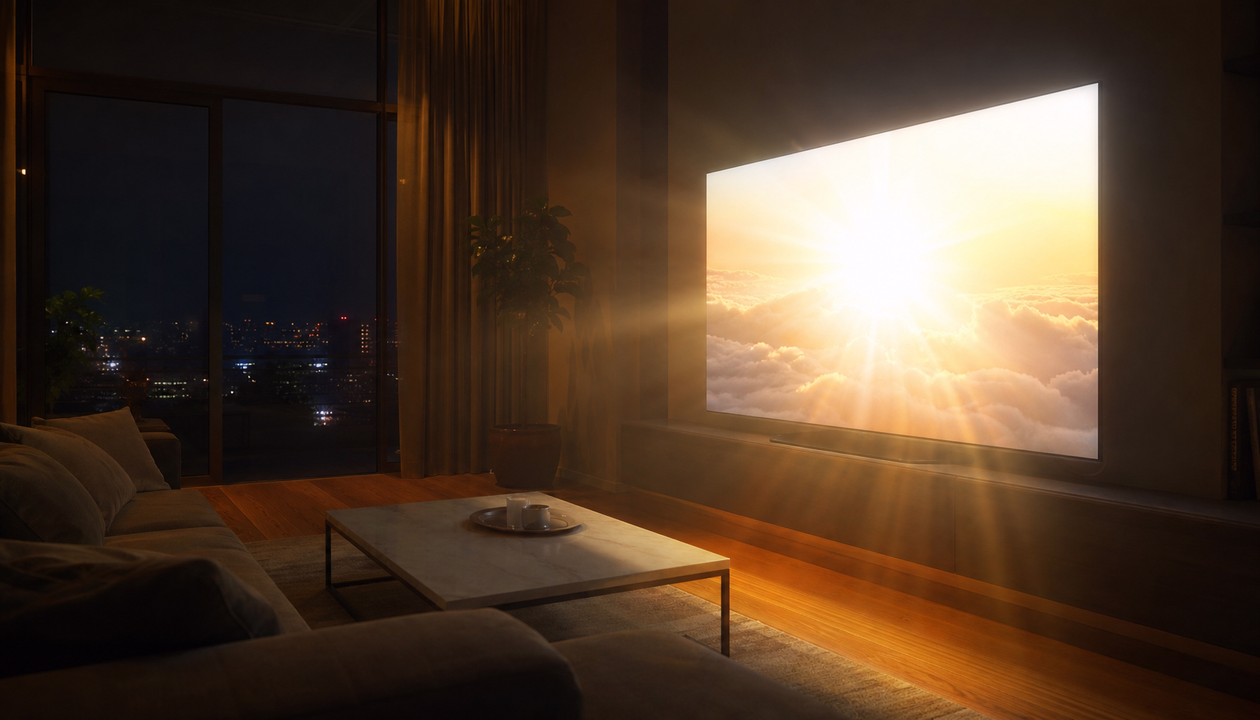 Televisor moderno emitiendo una escena de alto brillo en una sala oscura, ilustrando el concepto de nits y luminancia