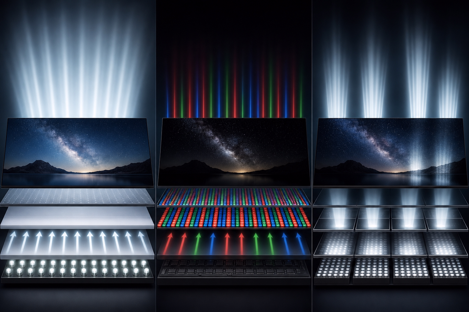 Ilustración conceptual comparando la emisión de luz en paneles LED, OLED y Mini LED