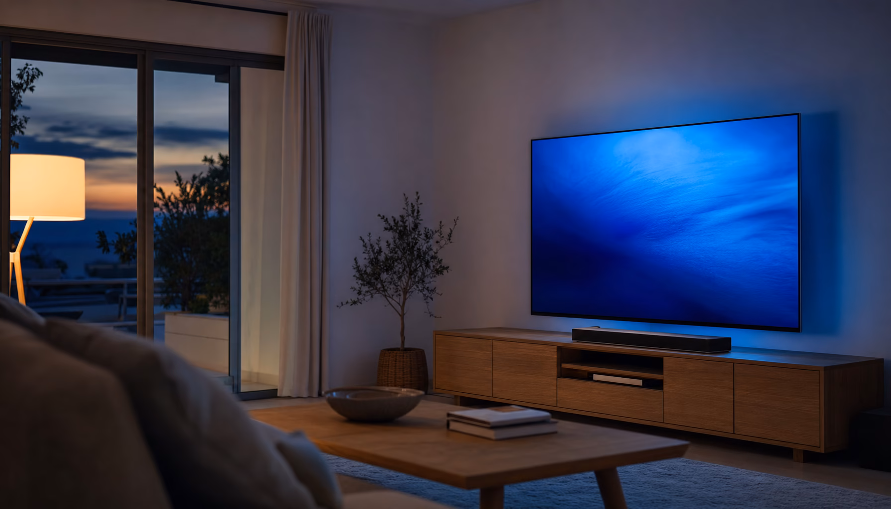 Salón con televisor de gran tamaño y barra de sonido: el tipo de equipo que analizamos en TuTelevisor