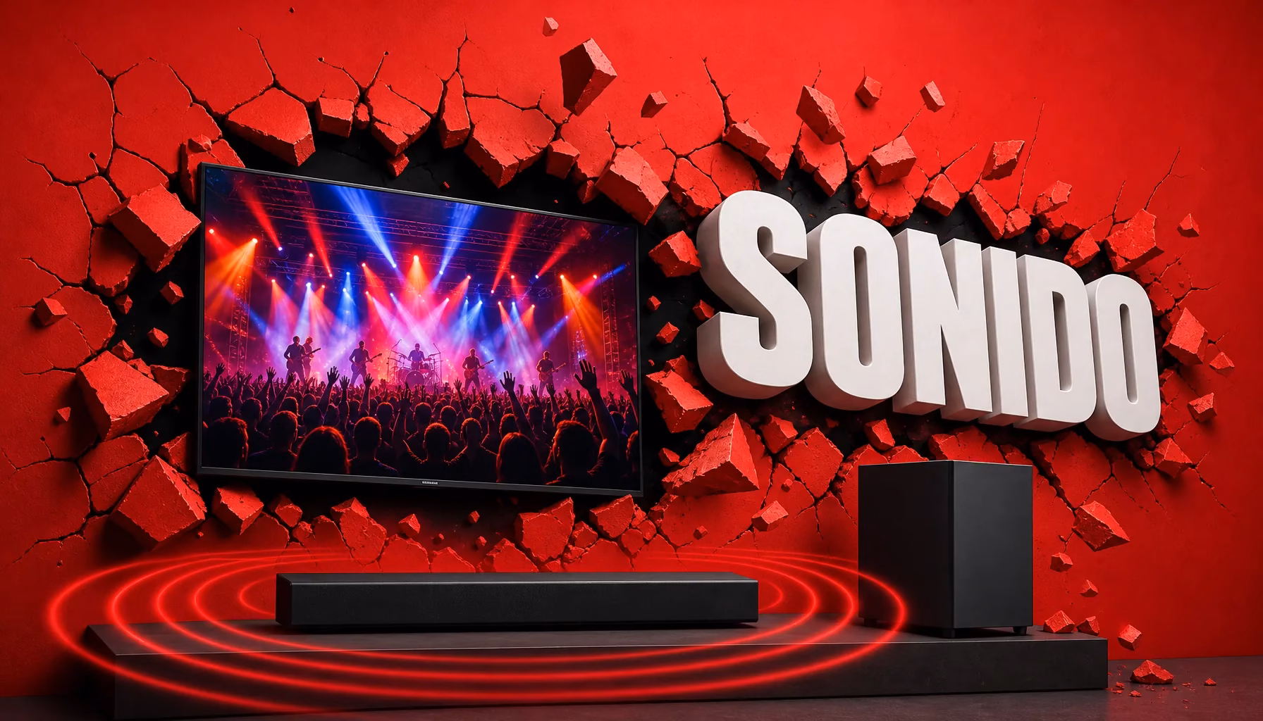 Televisor con una barra de sonido y un subwoofer debajo, rompiendo una pared roja, y la palabra SONIDO