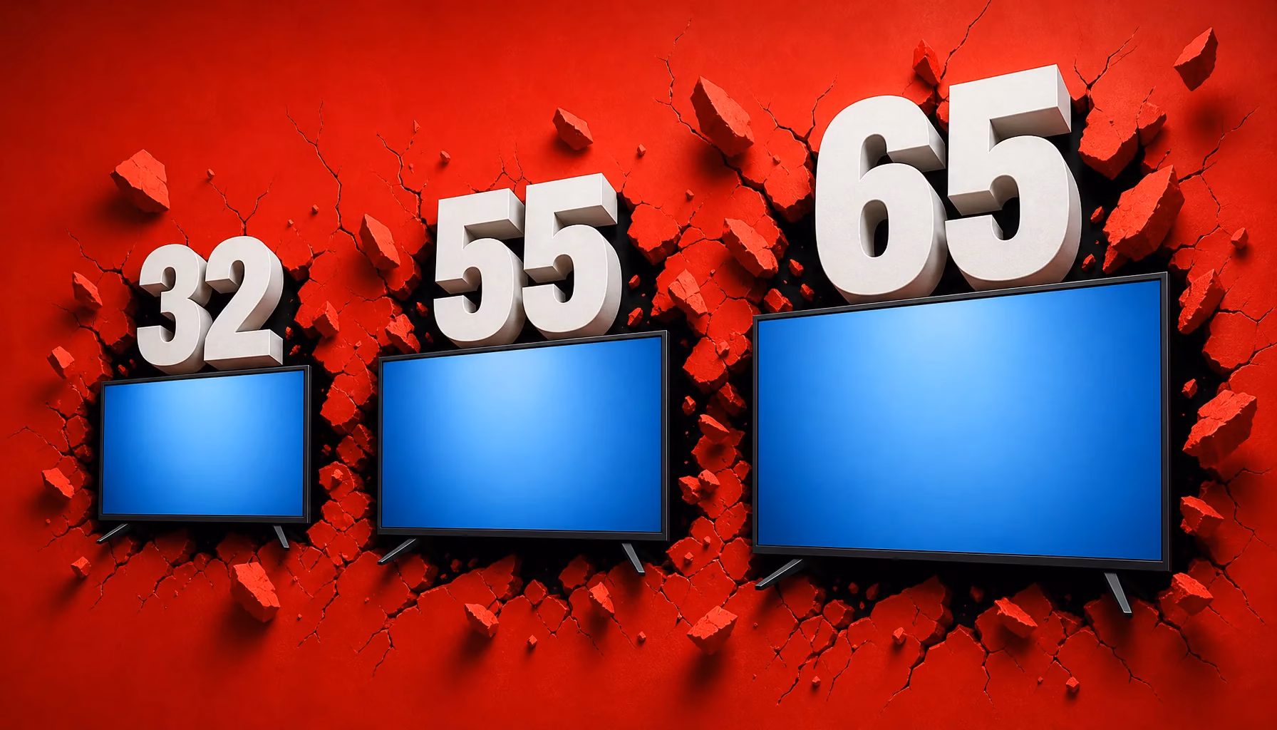 Tres televisores de 32, 55 y 65 pulgadas rompiendo una pared roja