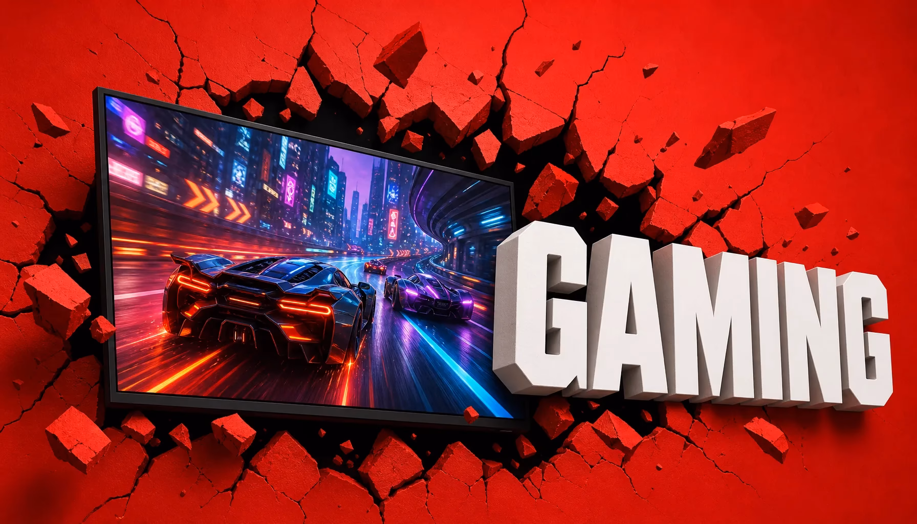 Televisor con un videojuego de carreras en la pantalla, rompiendo una pared roja