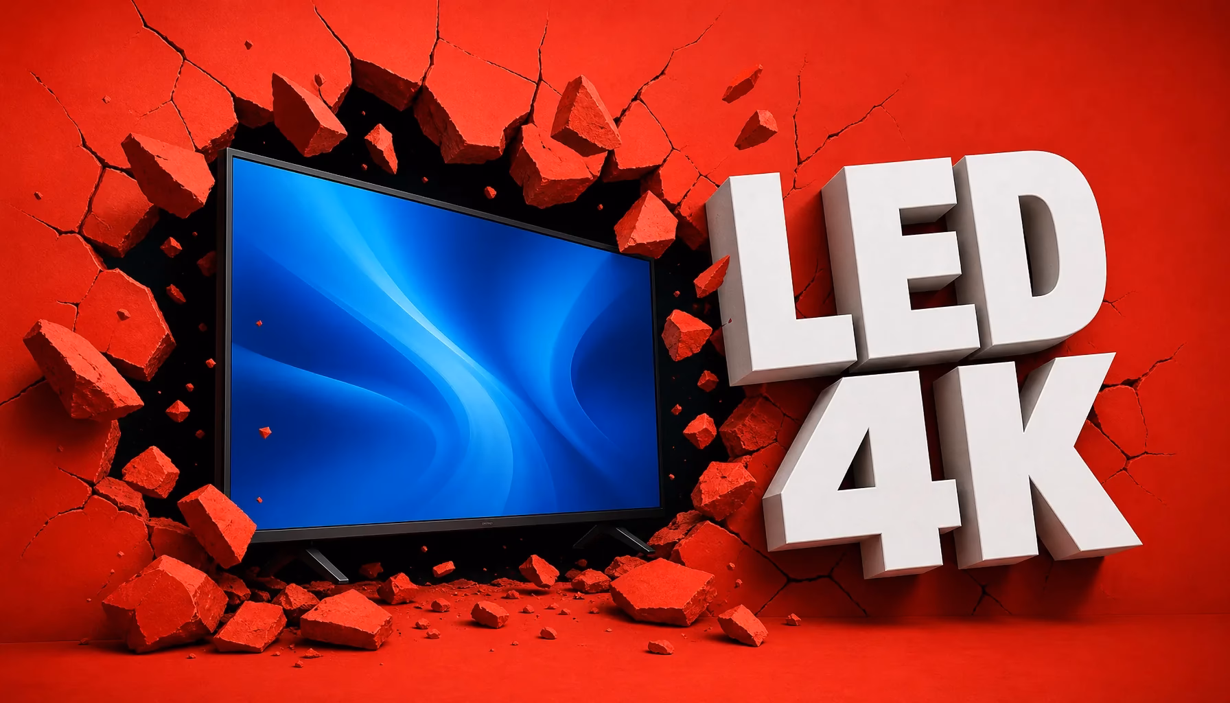 Televisor LED 4K rompiendo una pared roja