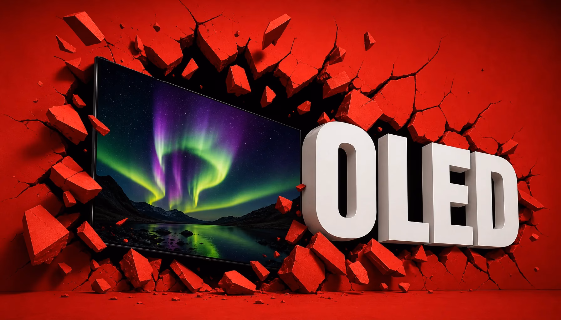 Televisor OLED con una aurora boreal en la pantalla y la palabra OLED en letras blancas, rompiendo una pared roja