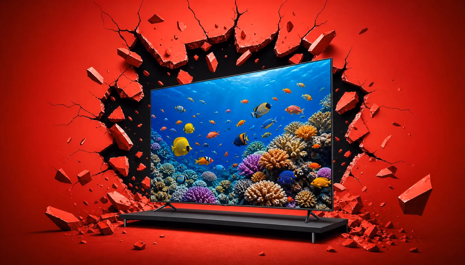 Televisor muy fino con un arrecife de coral en la pantalla, rompiendo una pared roja