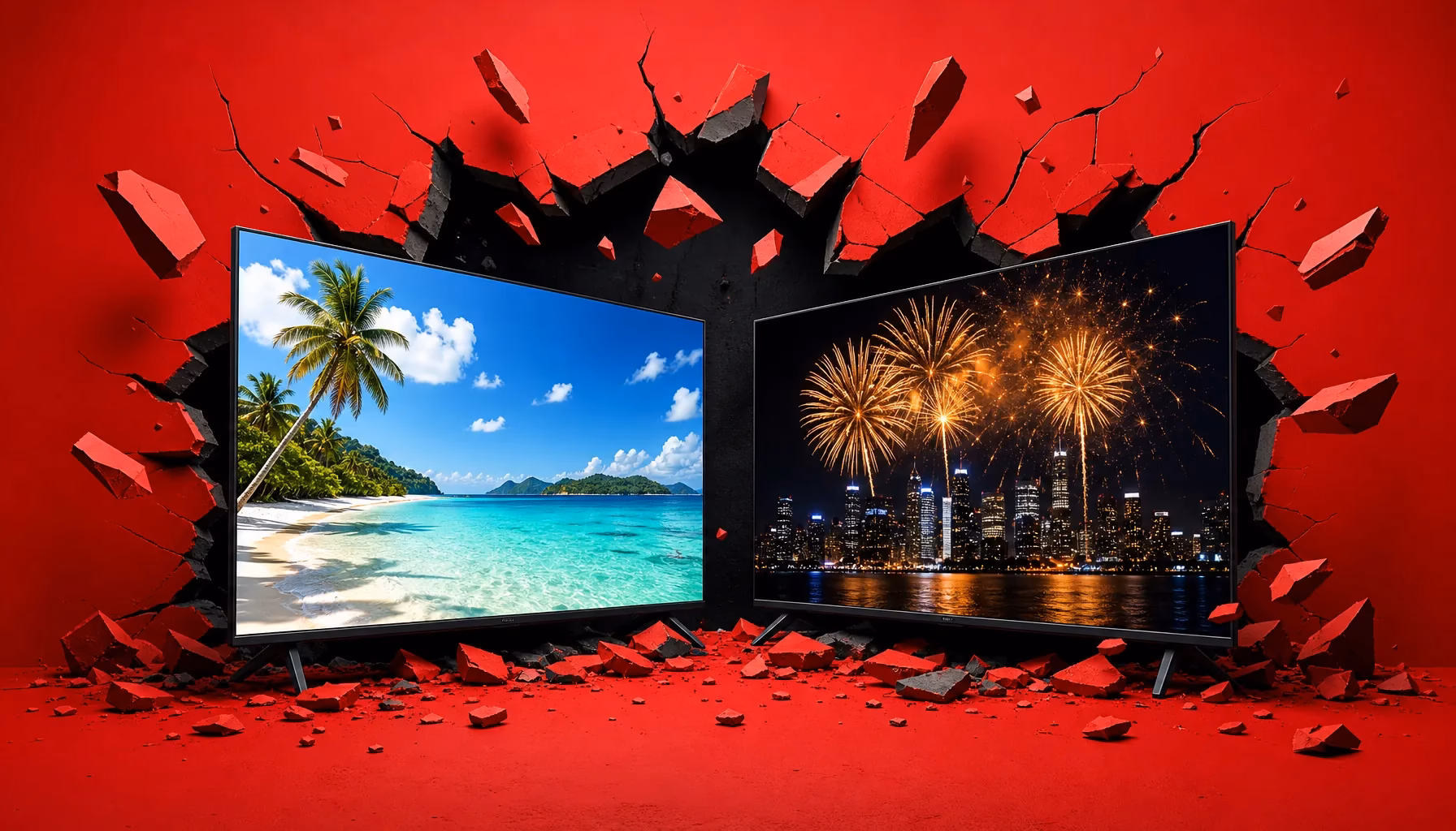 Dos televisores rompiendo una pared roja: uno con una playa al sol y otro con fuegos artificiales de noche