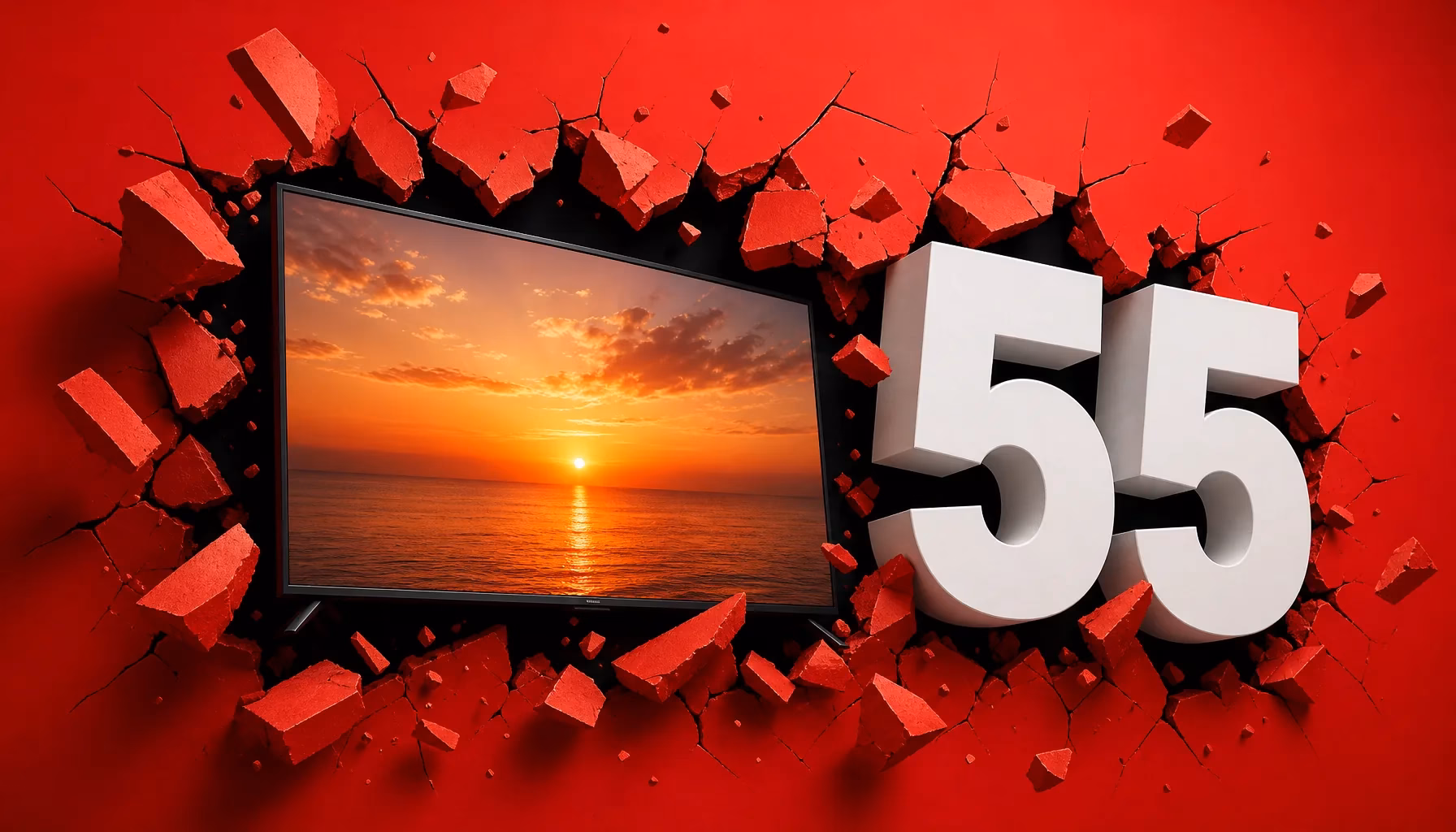 Televisor de 55 pulgadas con una puesta de sol en la pantalla y el número 55, rompiendo una pared roja
